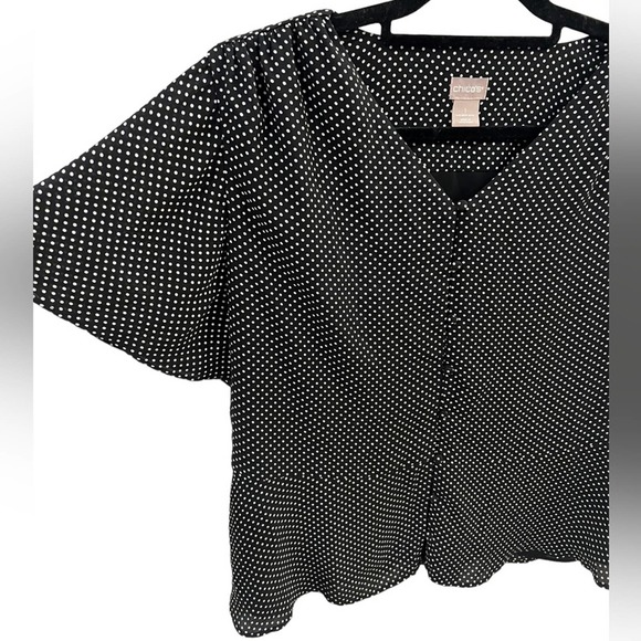 Chico's Peplum Flutter Sleeve Blouse Black White Polka Dot - Size 1 - Picture 2 of 7